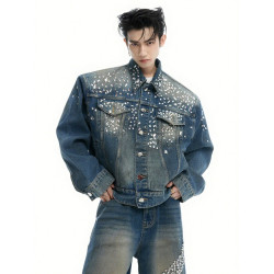 歐美高級感重工復古細閃鑲鑽墊肩廓形牛仔外套男款夾克牛仔褲套裝