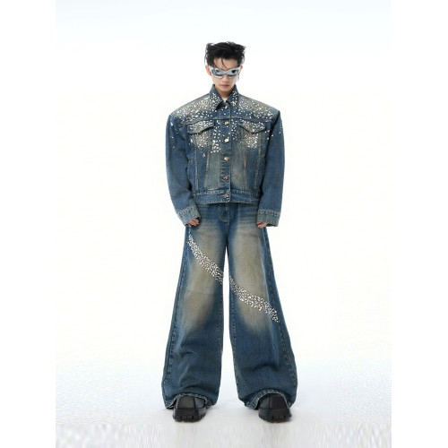 歐美高級感重工復古細閃鑲鑽墊肩廓形牛仔外套男款夾克牛仔褲套裝