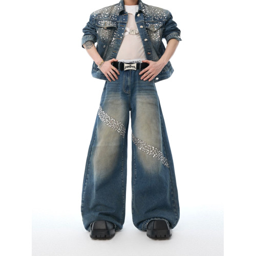 歐美高級感重工復古細閃鑲鑽墊肩廓形牛仔外套男款夾克牛仔褲套裝