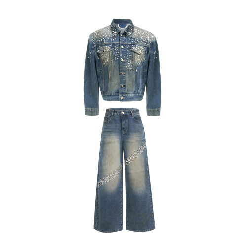 歐美高級感重工復古細閃鑲鑽墊肩廓形牛仔外套男款夾克牛仔褲套裝