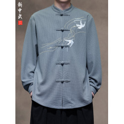 新中式春秋休閒刺綉唐裝襯衫男士寬鬆大碼落肩長袖國潮圓領中山裝