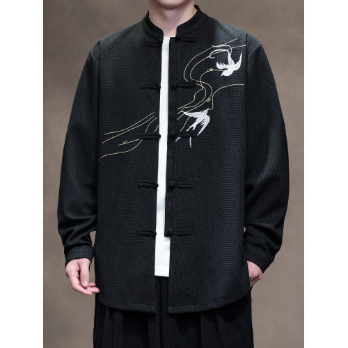 新中式春秋休閒刺綉唐裝襯衫男士寬鬆大碼落肩長袖國潮圓領中山裝