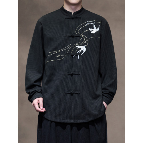 新中式春秋休閒刺綉唐裝襯衫男士寬鬆大碼落肩長袖國潮圓領中山裝