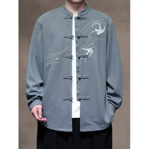 新中式春秋休閒刺綉唐裝襯衫男士寬鬆大碼落肩長袖國潮圓領中山裝