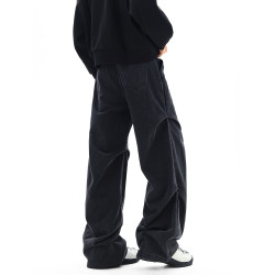 悟空有貨潮牌美式水洗褶皺工裝牛仔褲男復古寬鬆潮流百搭濶腿長褲