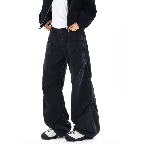 悟空有貨潮牌美式水洗褶皺工裝牛仔褲男復古寬鬆潮流百搭濶腿長褲