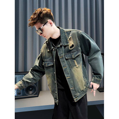 美式復古牛仔外套男士高級感潮牌破洞褂子春秋季新款潮流休閒夾克