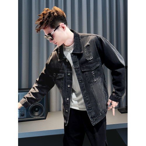 美式復古牛仔外套男士高級感潮牌破洞褂子春秋季新款潮流休閒夾克