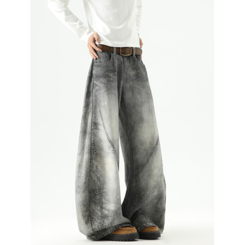 悟空有貨美式高街髒染廢土風彎刀牛仔褲男潮牌痞帥解搆水洗濶腿褲