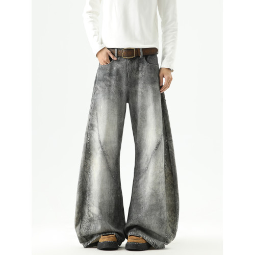 悟空有貨美式高街髒染廢土風彎刀牛仔褲男潮牌痞帥解搆水洗濶腿褲