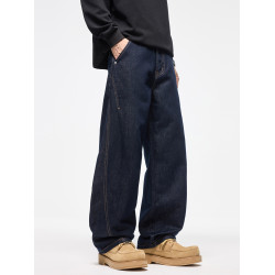 COKO深藍色濶腿彎刀牛仔褲男寬鬆直筒秋冬季加絨萊賽爾百搭長褲子