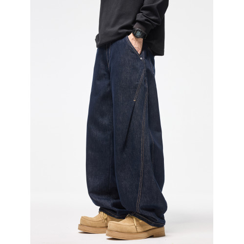 COKO深藍色濶腿彎刀牛仔褲男寬鬆直筒秋冬季加絨萊賽爾百搭長褲子