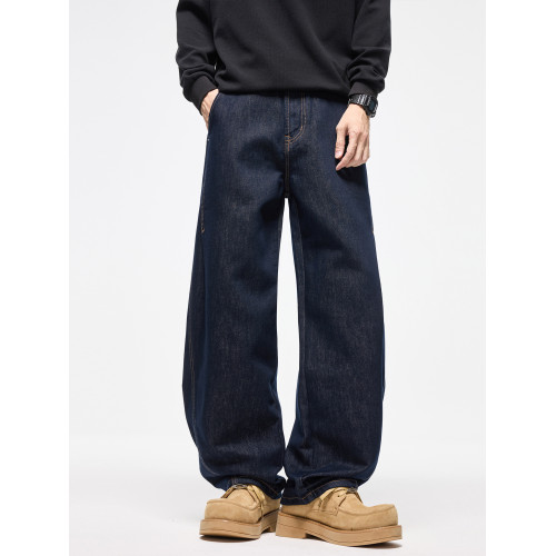 COKO深藍色濶腿彎刀牛仔褲男寬鬆直筒秋冬季加絨萊賽爾百搭長褲子