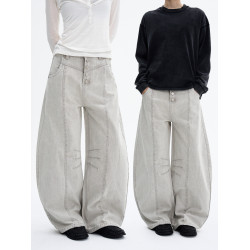 MADWITCH美式水洗磨白排釦工裝褲男女寬鬆濶腿解搆設計感彎刀褲子