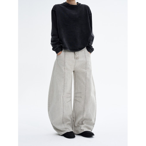 MADWITCH美式水洗磨白排釦工裝褲男女寬鬆濶腿解搆設計感彎刀褲子