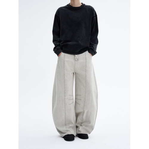 MADWITCH美式水洗磨白排釦工裝褲男女寬鬆濶腿解搆設計感彎刀褲子