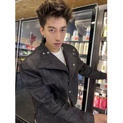 美式秋冬原牛解搆明線斜領硬挺牛仔外套男女設計感短寬高級感夾克