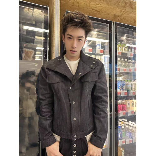 美式秋冬原牛解搆明線斜領硬挺牛仔外套男女設計感短寬高級感夾克