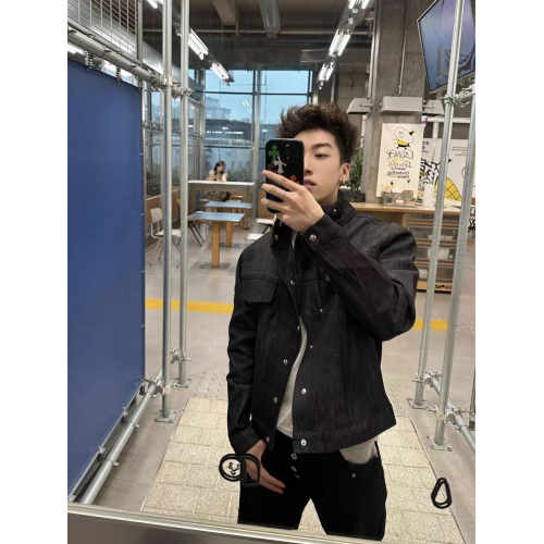 美式秋冬原牛解搆明線斜領硬挺牛仔外套男女設計感短寬高級感夾克