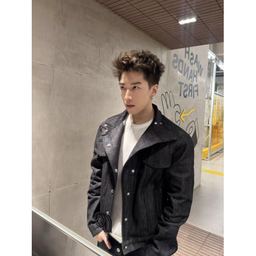 美式秋冬原牛解搆明線斜領硬挺牛仔外套男女設計感短寬高級感夾克