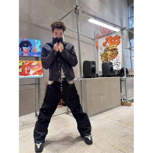 美式秋冬原牛解搆明線斜領硬挺牛仔外套男女設計感短寬高級感夾克