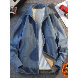 深藍色加絨牛仔長袖襯衫男個性兩個口袋青少年學生2026秋冬襯衣服