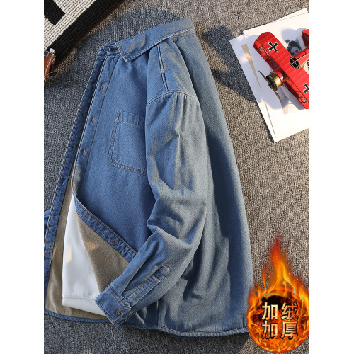 深藍色加絨牛仔長袖襯衫男個性兩個口袋青少年學生2026秋冬襯衣服