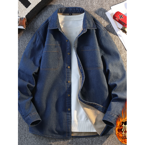 深藍色加絨牛仔長袖襯衫男個性兩個口袋青少年學生2026秋冬襯衣服