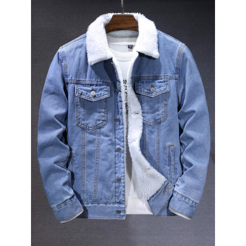 美式復古牛仔外套男秋冬款加絨加厚羊羔毛棉服潮流修身牛仔衣夾克