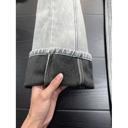 懷舊藍斜切加絨牛仔褲男秋冬加厚直筒微喇褲美式復古vibe彎刀褲子