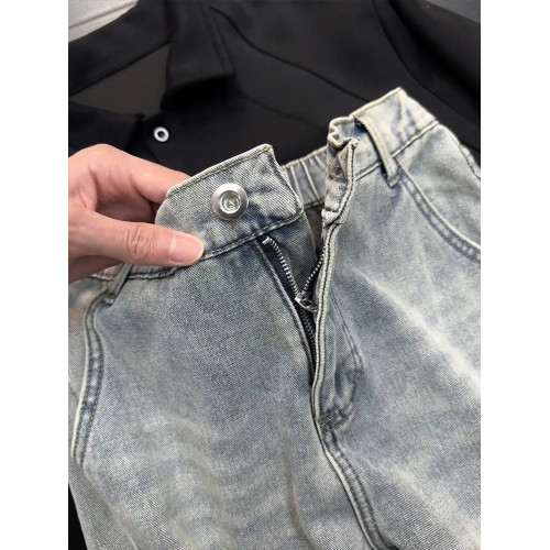 懷舊藍斜切加絨牛仔褲男秋冬加厚直筒微喇褲美式復古vibe彎刀褲子