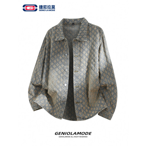 GENIOLAMODE美式提花牛仔襯衫男士秋季休閒寬鬆百搭潮牌外套上衣