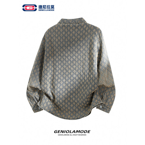 GENIOLAMODE美式提花牛仔襯衫男士秋季休閒寬鬆百搭潮牌外套上衣