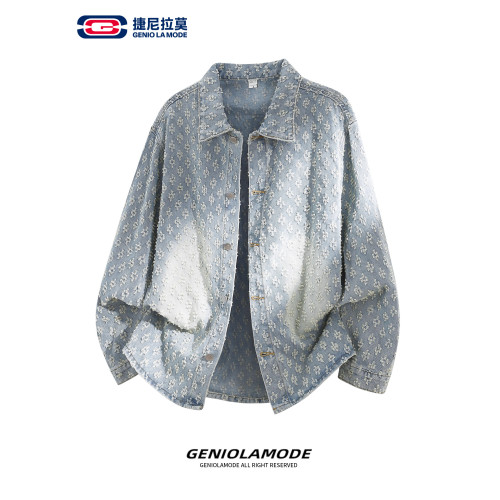 GENIOLAMODE美式提花牛仔襯衫男士秋季休閒寬鬆百搭潮牌外套上衣