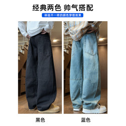 廻力黑色工裝彎刀牛仔褲男款2025寬鬆直筒濶腿加絨加厚男士長褲子