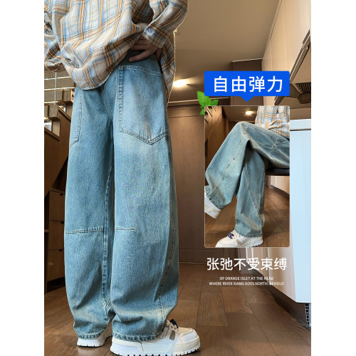 廻力黑色工裝彎刀牛仔褲男款2025寬鬆直筒濶腿加絨加厚男士長褲子