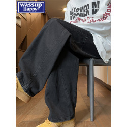 wassup happy美式彎刀牛仔長褲男士秋冬新款直筒寬鬆加絨工裝褲子