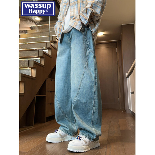 wassup happy美式彎刀牛仔長褲男士秋冬新款直筒寬鬆加絨工裝褲子