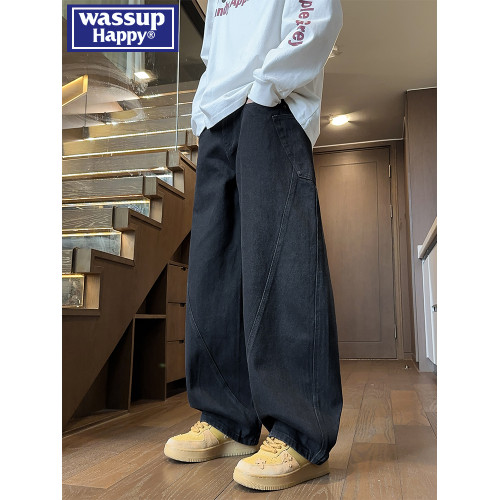 wassup happy美式彎刀牛仔長褲男士秋冬新款直筒寬鬆加絨工裝褲子