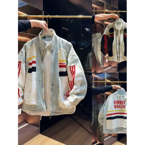 超大碼300斤美式潮牌時尚立領拼接牛仔外套男女早秋寬鬆休閒夾克2