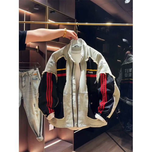 超大碼300斤美式潮牌時尚立領拼接牛仔外套男女早秋寬鬆休閒夾克2