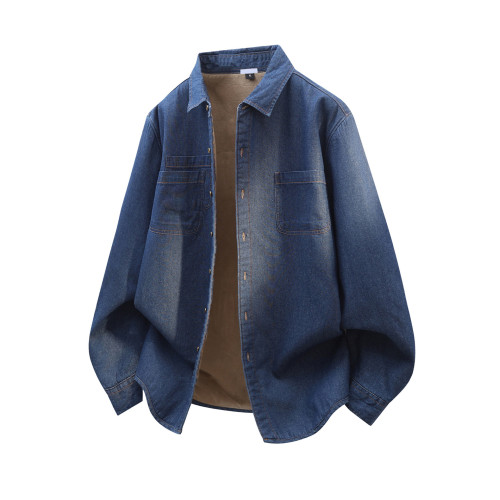 羅矇加厚保暖牛仔襯衫男式2025超火加絨襯衫美式復古寬鬆休閒寸衣