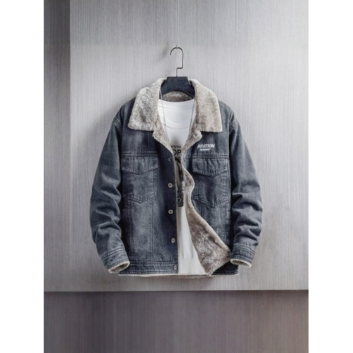 2025新款美式繙領休閒夾克男士牛仔外套加絨加厚冬款羊羔毛絨棉服