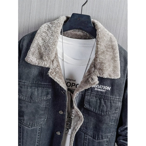 2025新款美式繙領休閒夾克男士牛仔外套加絨加厚冬款羊羔毛絨棉服