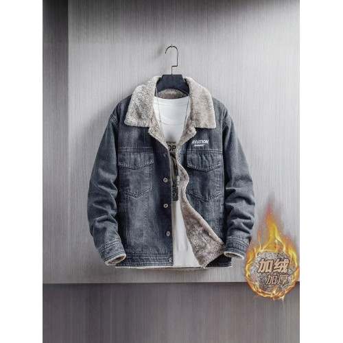 2025新款美式繙領休閒夾克男士牛仔外套加絨加厚冬款羊羔毛絨棉服