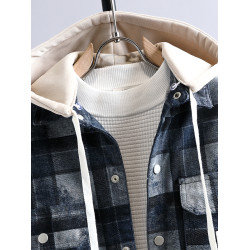 加絨加厚牛仔外套男可脫卸連帽保暖夾克2025冬季格子刺綉復古棉服