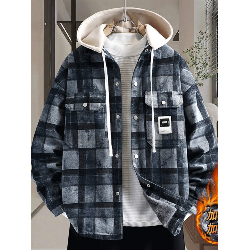 加絨加厚牛仔外套男可脫卸連帽保暖夾克2025冬季格子刺綉復古棉服