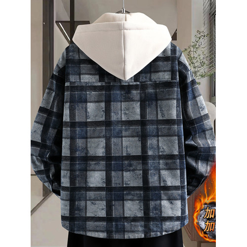 加絨加厚牛仔外套男可脫卸連帽保暖夾克2025冬季格子刺綉復古棉服