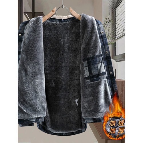 加絨加厚牛仔外套男可脫卸連帽保暖夾克2025冬季格子刺綉復古棉服