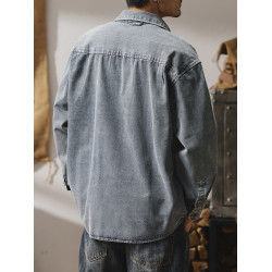 輕熟風潮流做舊牛仔襯衫男生秋冬新款日系復古休閒工裝襯衣外套男